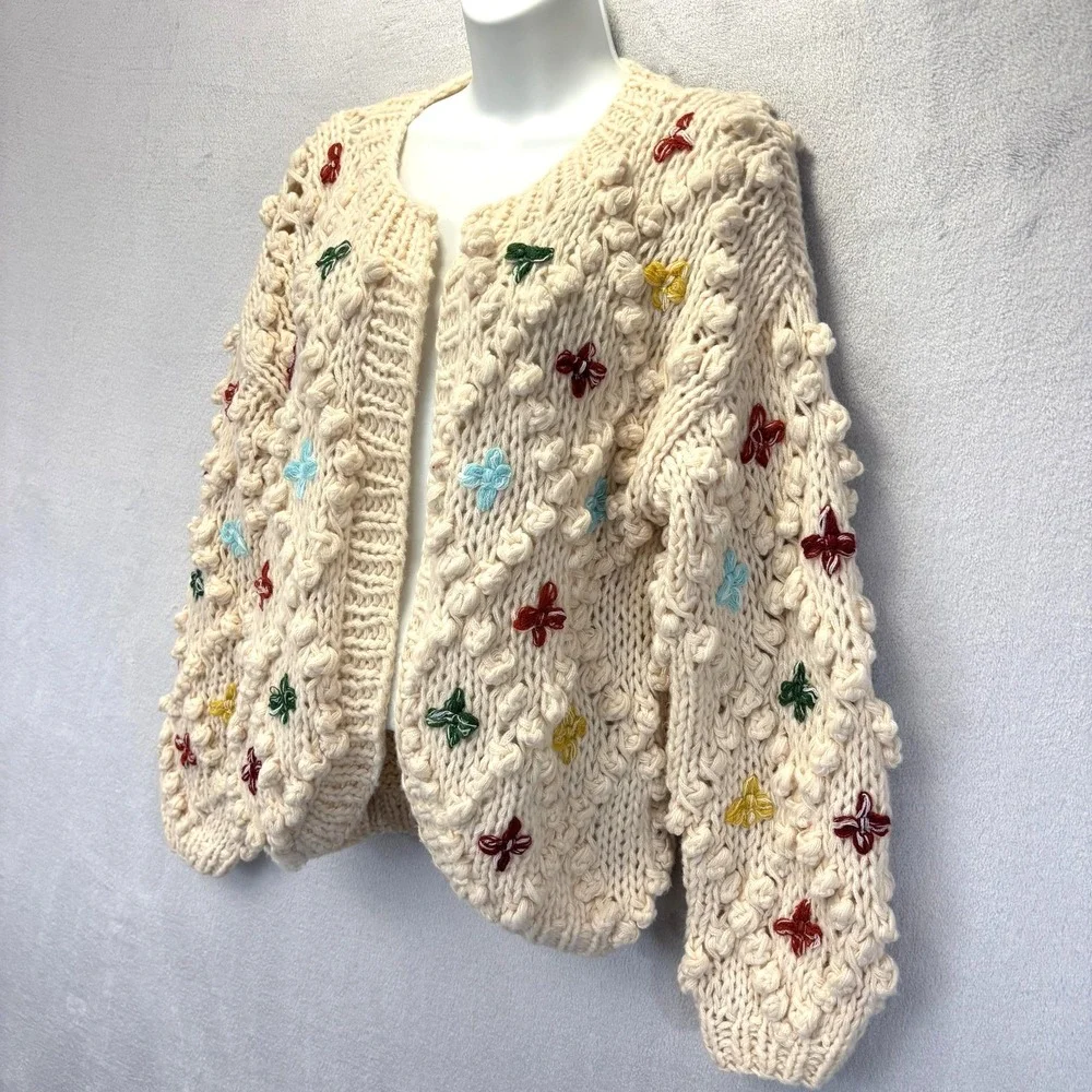 SAACHI Aria Anthropologie Popcorn Knit Cardigan Sweater S Chunky Rainbow Cottage